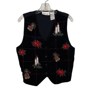 Vintage Casey & Max Festive Black Velvet Vest Holiday Embroidery M Christmas